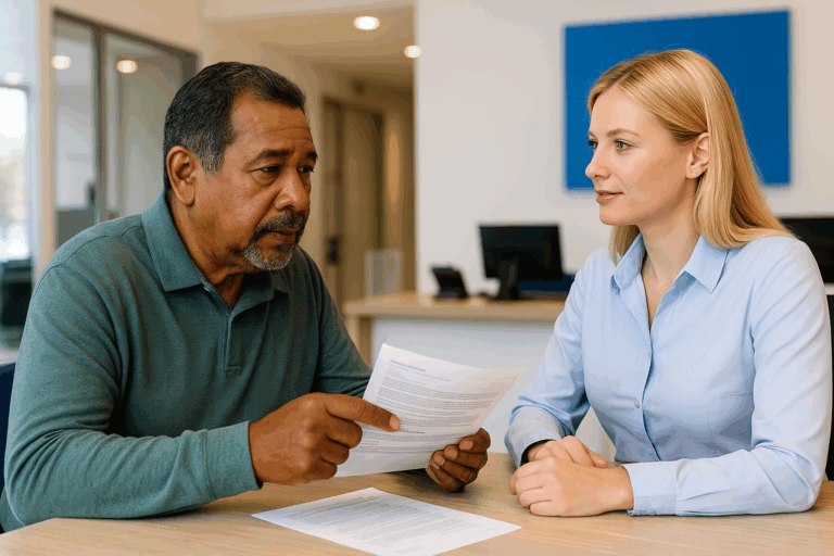 Homem pardo de 68 anos em agência bancária, conversando com atendente loira, analisando extrato do INSS e transmitindo confiança e atenção.