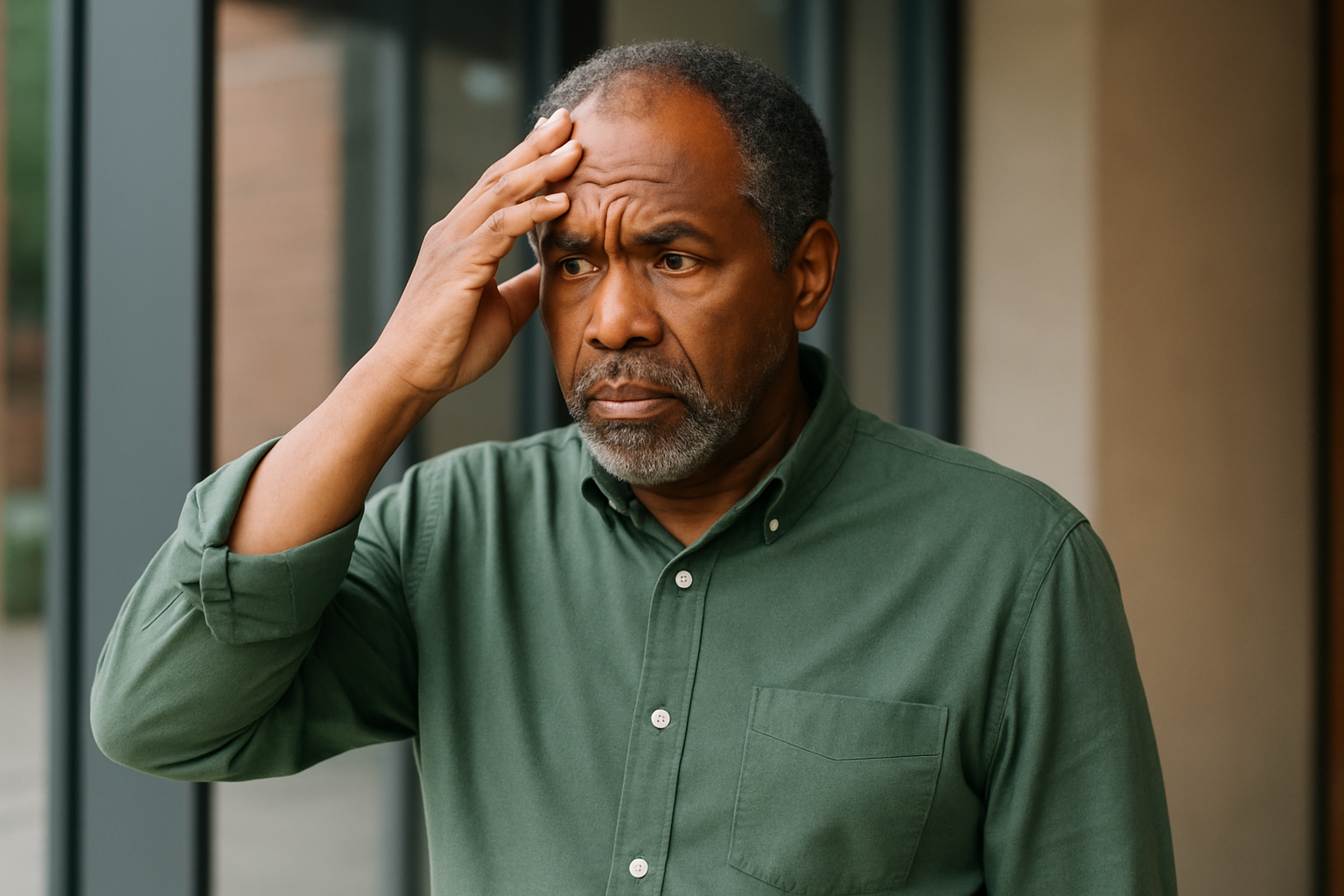 Senhor negro de 65 anos com expressão pensativa, vestindo camisa verde, transmitindo dúvida sobre descontos do INSS.