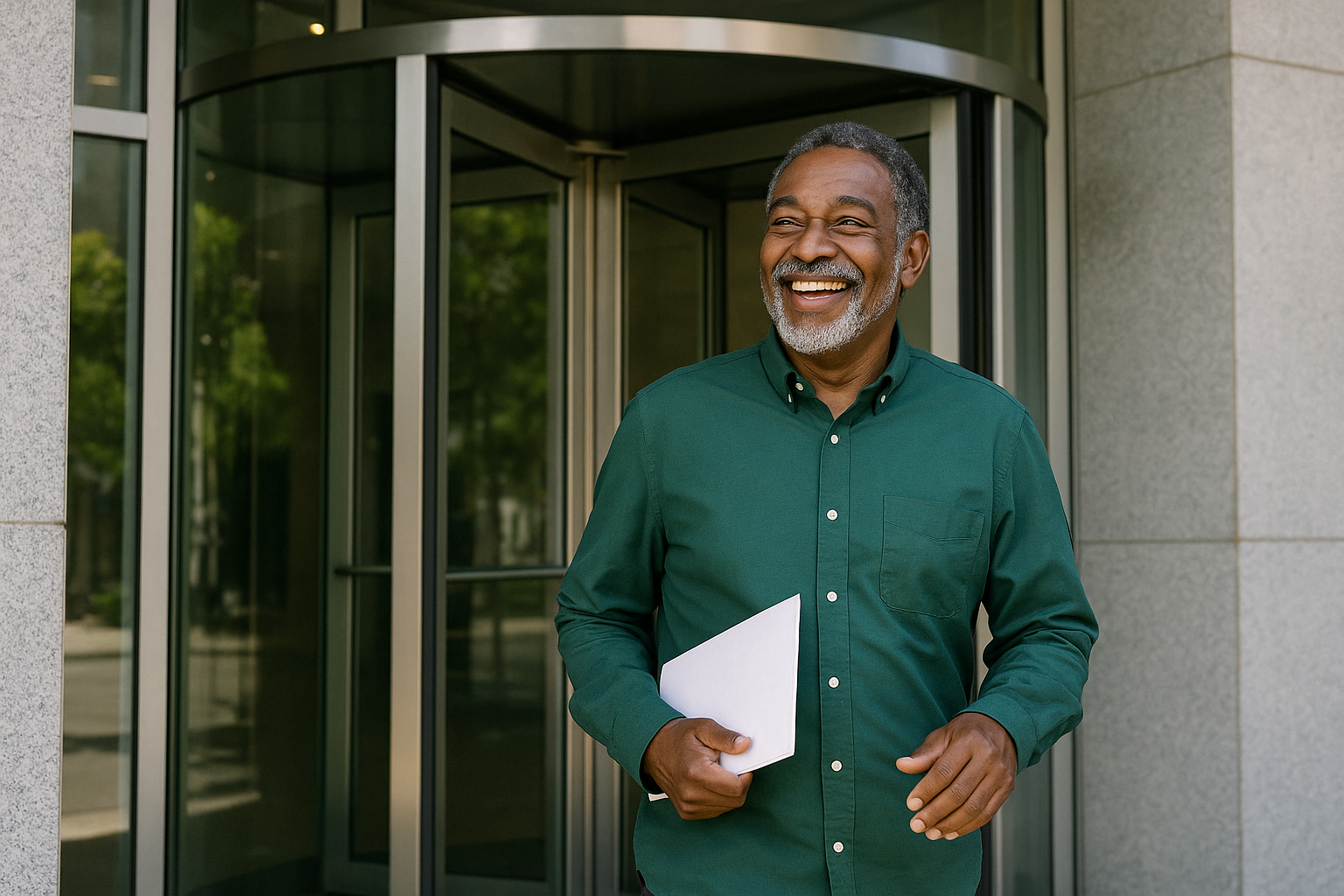 Senhor negro de 65 anos saindo de prédio com porta giratória, sorridente, com camisa verde, transmitindo felicidade e alívio.