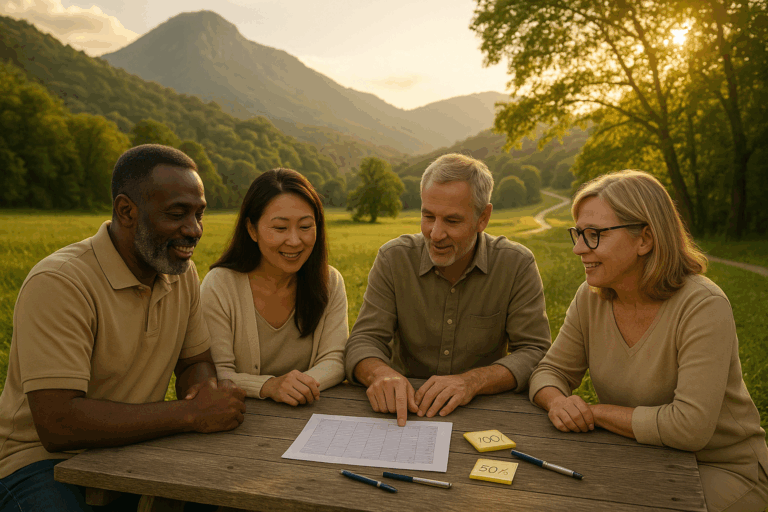 Quatro pessoas de 56–58 anos reunidas em mesa de piquenique, analisando planilha; ao fundo campo verde, estrada bifurcando e montanha brasileira com sol da tarde entre a mata.