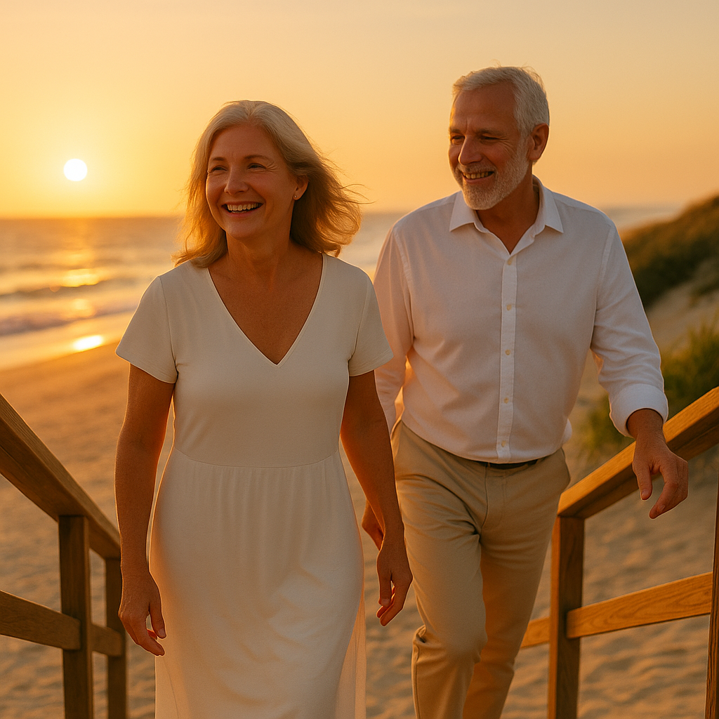 Casal de 58 anos vestido de branco subindo escadas de madeira na praia ao pôr do sol, transmitindo serenidade e esperança.