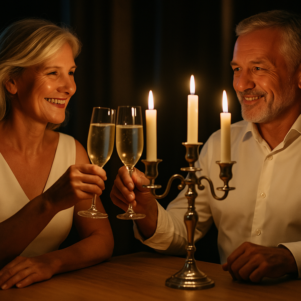 Senhora de 58 anos em vestido branco e senhor da mesma idade em camisa social branca, brindando com taças em um jantar iluminado por candelabro elegante, celebrando a aposentadoria.