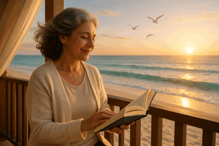 Senhora de 58 anos na varanda de uma pousada, lendo um livro ao amanhecer com vista para a praia, cabelo ao vento e pássaros brancos voando ao fundo.