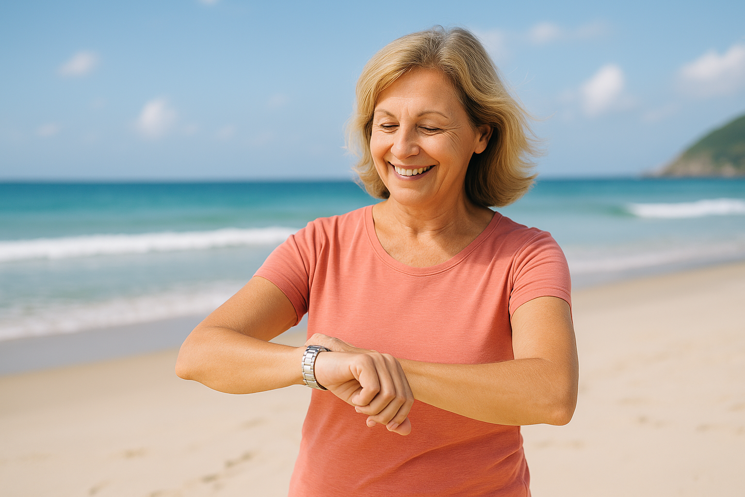 Senhora de 58 anos em uma praia do litoral brasileiro, olhando para o relógio de pulso, transmitindo esperança e alegria ao pensar na aposentadoria.