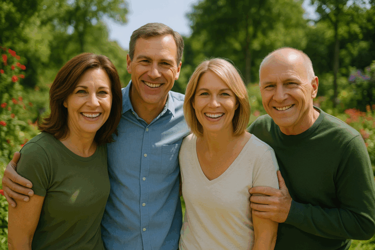 Idosos entre 56 e 62 anos sorrindo em um jardim, representando bem-estar após conquistar a aposentadoria mais vantajosa no INSS.