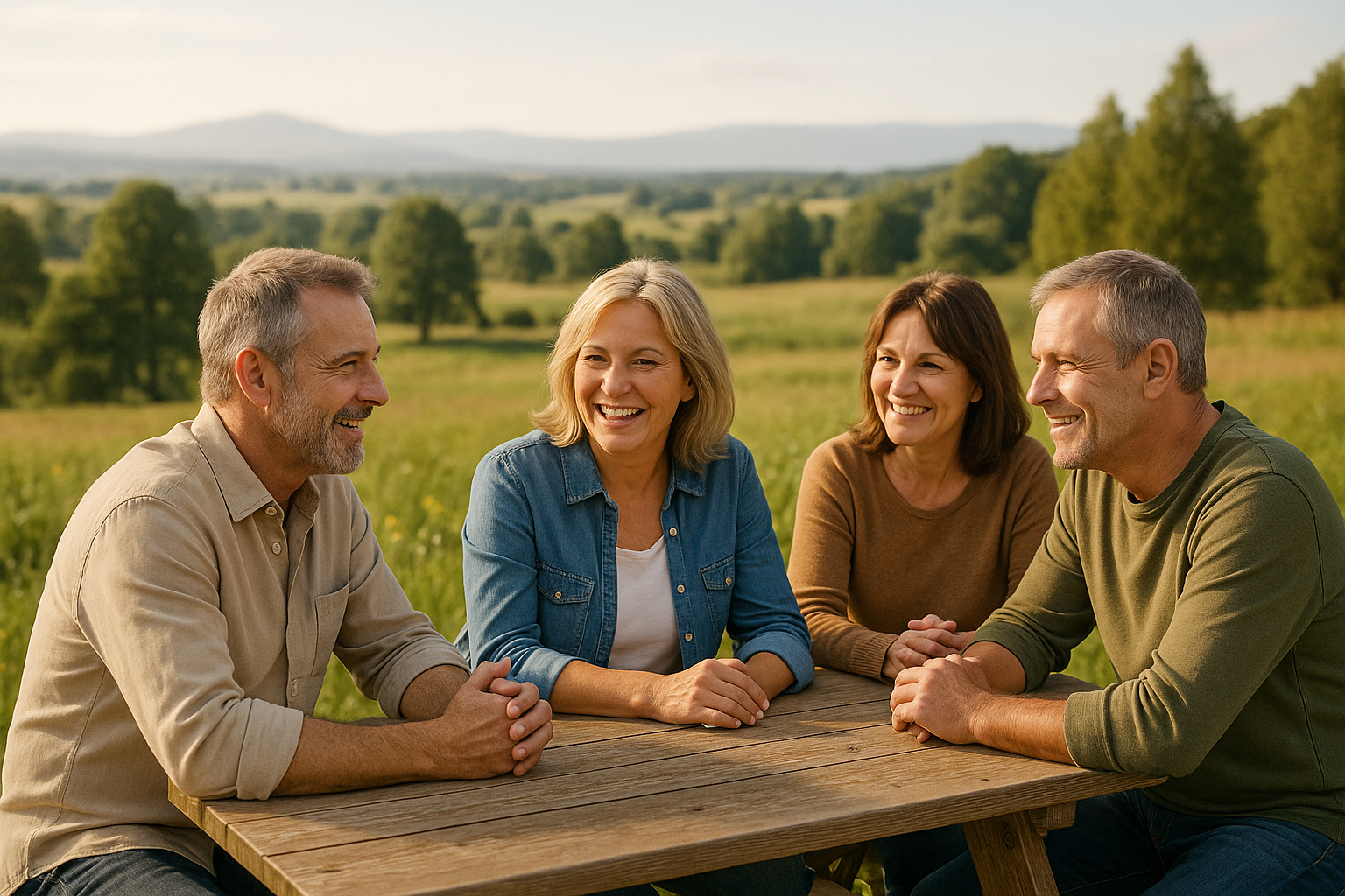 Pessoas entre 56 e 62 anos em cenário de campo, conversando ao ar livre diante de uma mesa de madeira, transmitindo bem-estar e confiança.