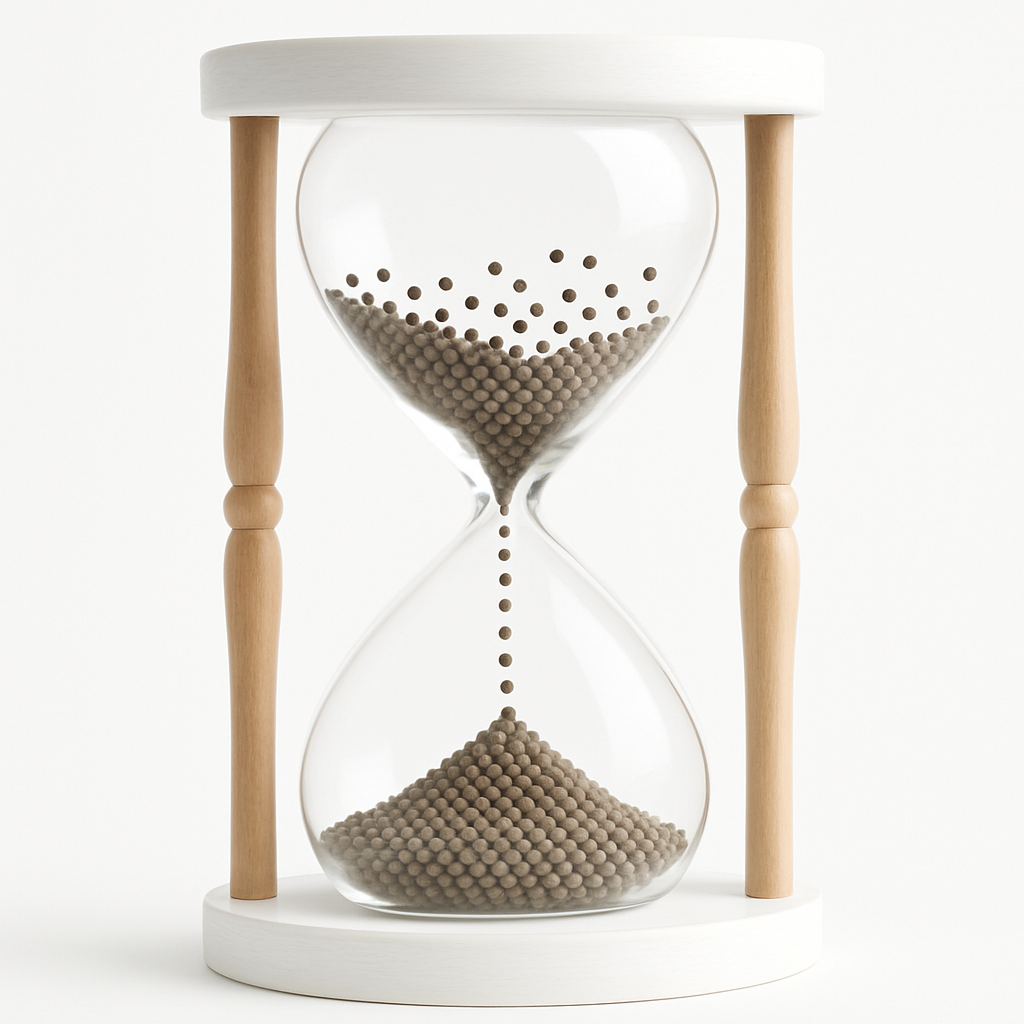 Ampulheta com pontos simbolizando passagem do tempo e acúmulo.