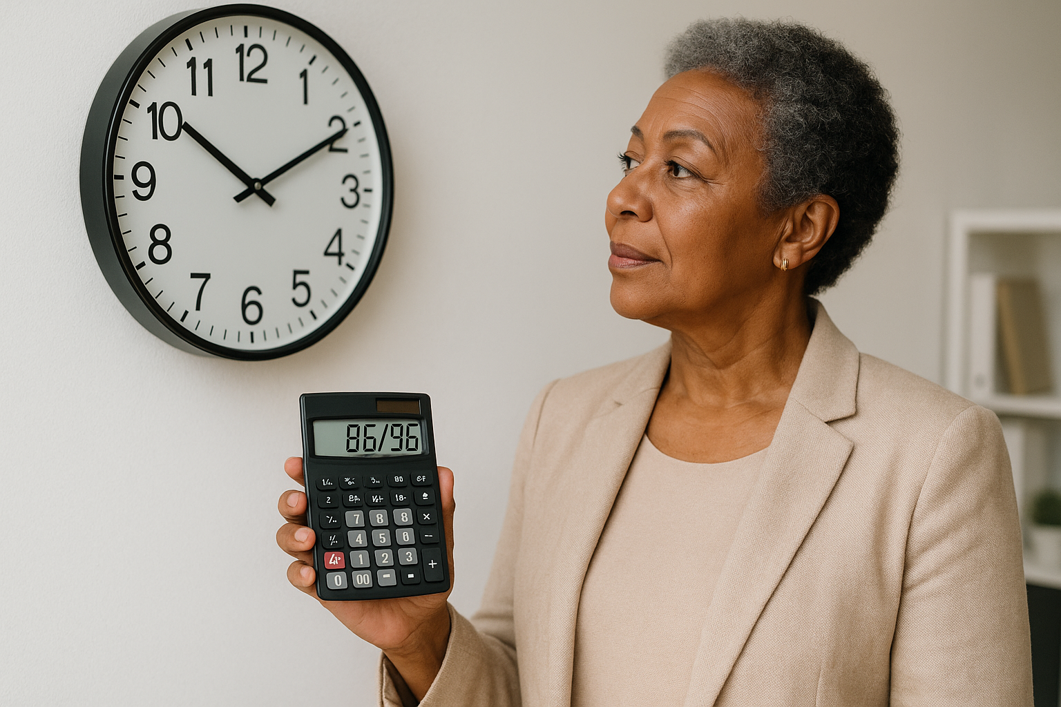 Mulher afrodescendente de 60 anos com calculadora e relógio, simbolizando soma de pontos para aposentadoria.