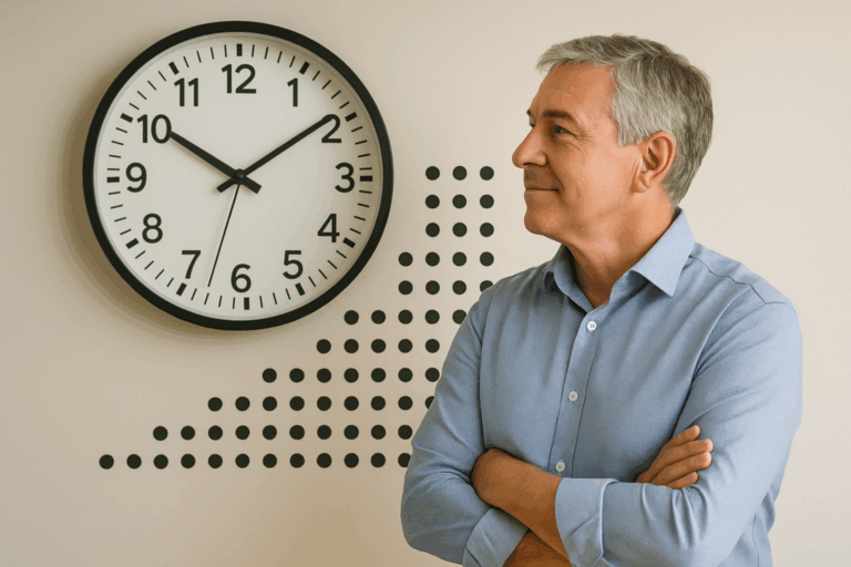 Pessoa de 56 a 62 anos diante de um grande relógio/calendário, com pontos que se acumulam ao fundo, transmitindo planejamento e esperança para a aposentadoria por pontos.