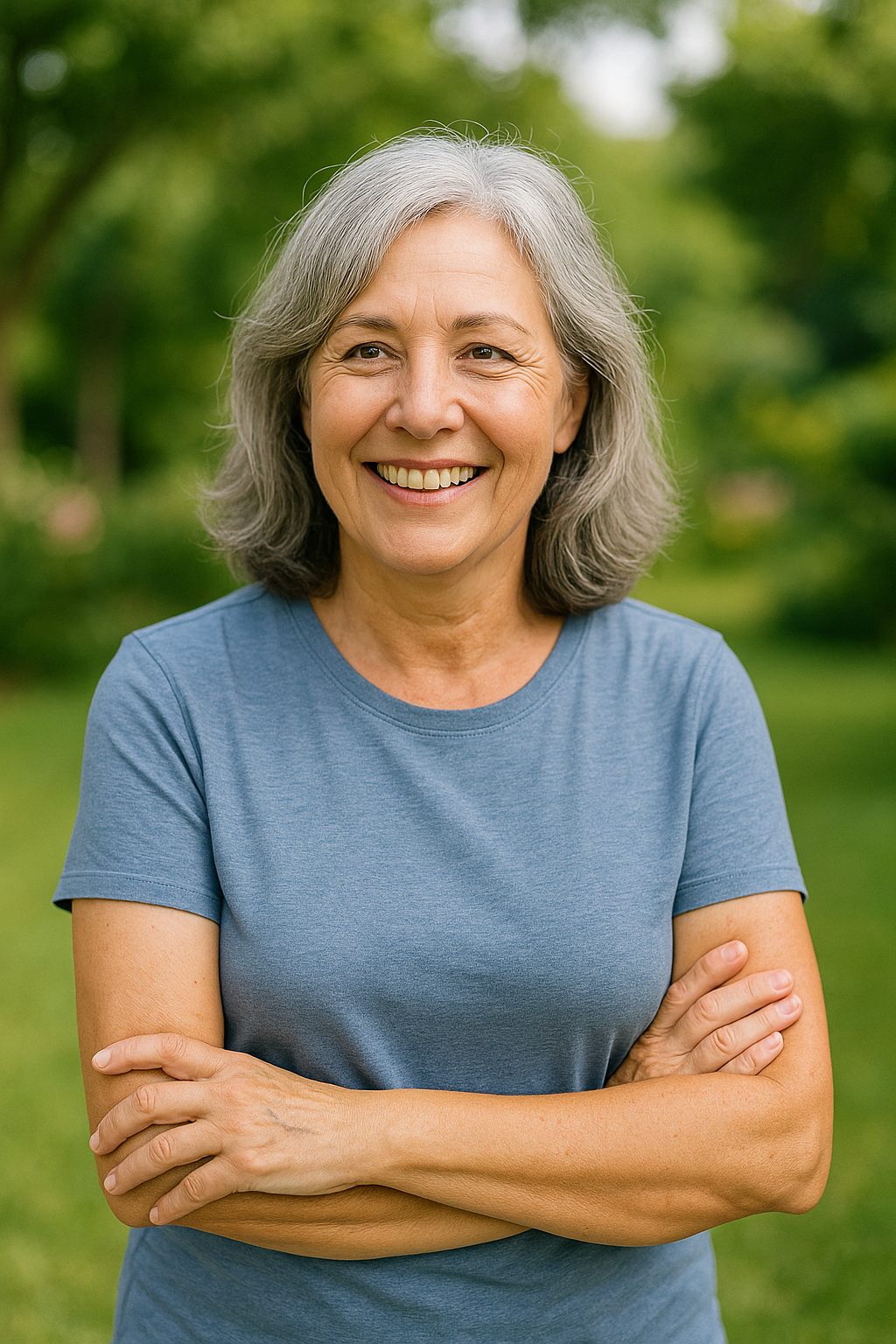 Idosa entre 56 e 62 anos sorridente em um jardim, representando qualidade de vida após garantir a aposentadoria mais vantajosa no INSS.