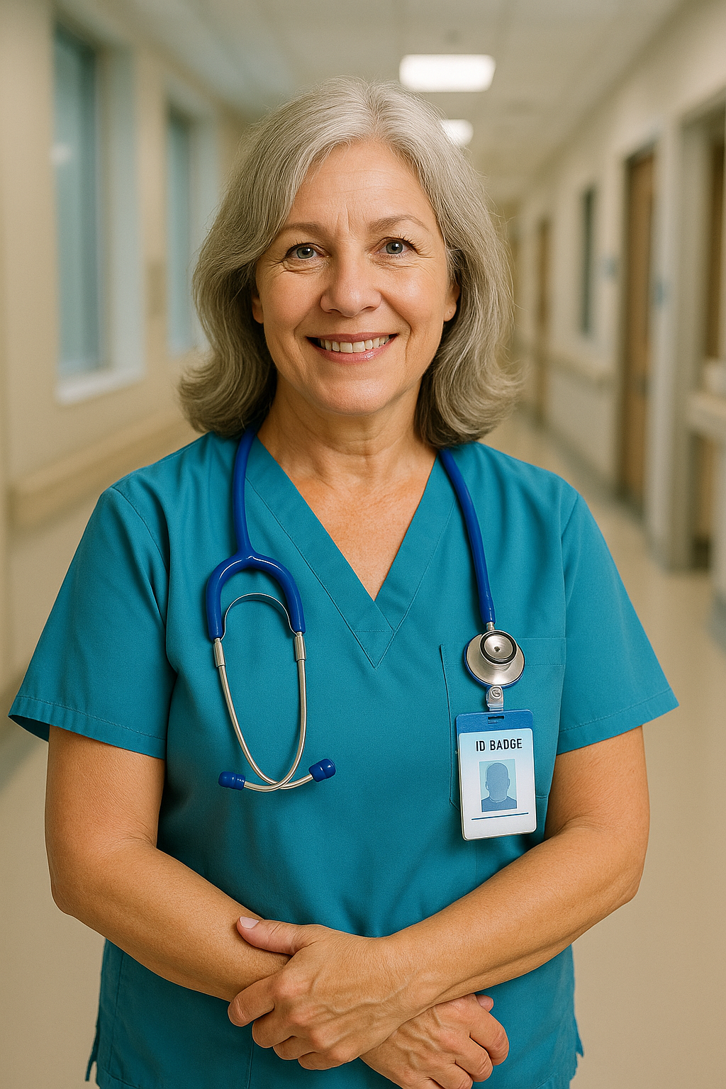 Enfermeira idosa entre 56 e 62 anos em hospital, com jaleco e estetoscópio, simbolizando cuidado, confiança e dedicação.