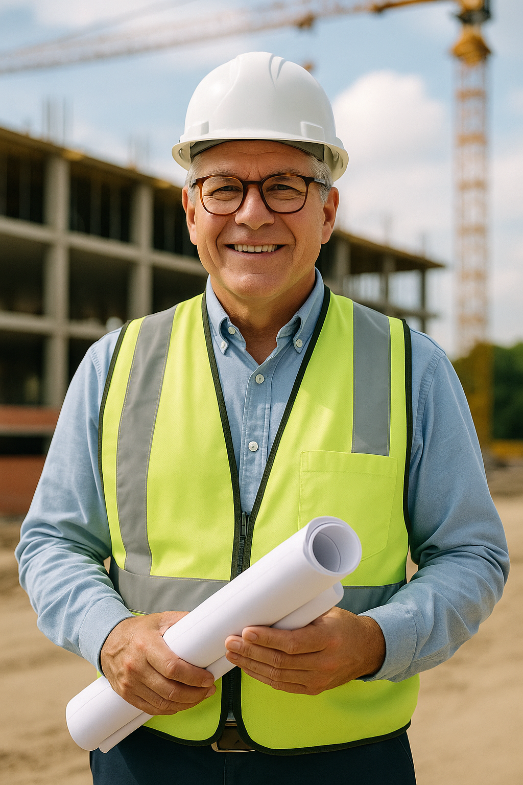 Engenheiro idoso entre 56 e 62 anos com capacete e uniforme de obra, em canteiro de construção, simbolizando experiência e confiança.