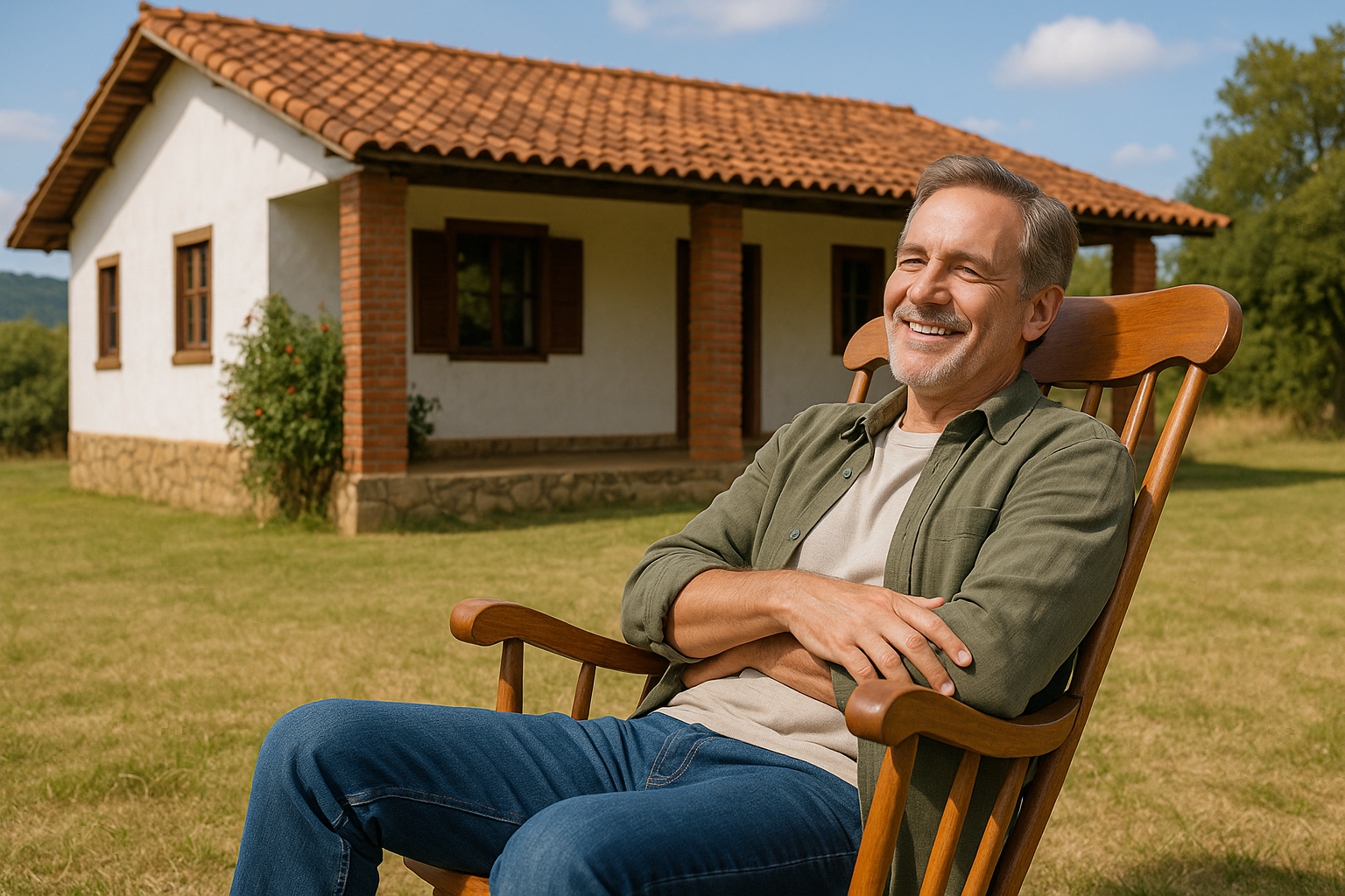 Senhor entre 56 e 62 anos sentado em uma cadeira de balanço em frente a uma casa de campo brasileira, transmitindo tranquilidade e confiança na aposentadoria.