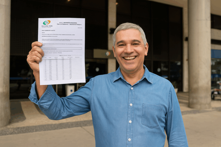 Senhor de 56 anos sorridente, segurando a carta de concessão do INSS, saindo de um edifício comercial, representando a conquista da aposentadoria.