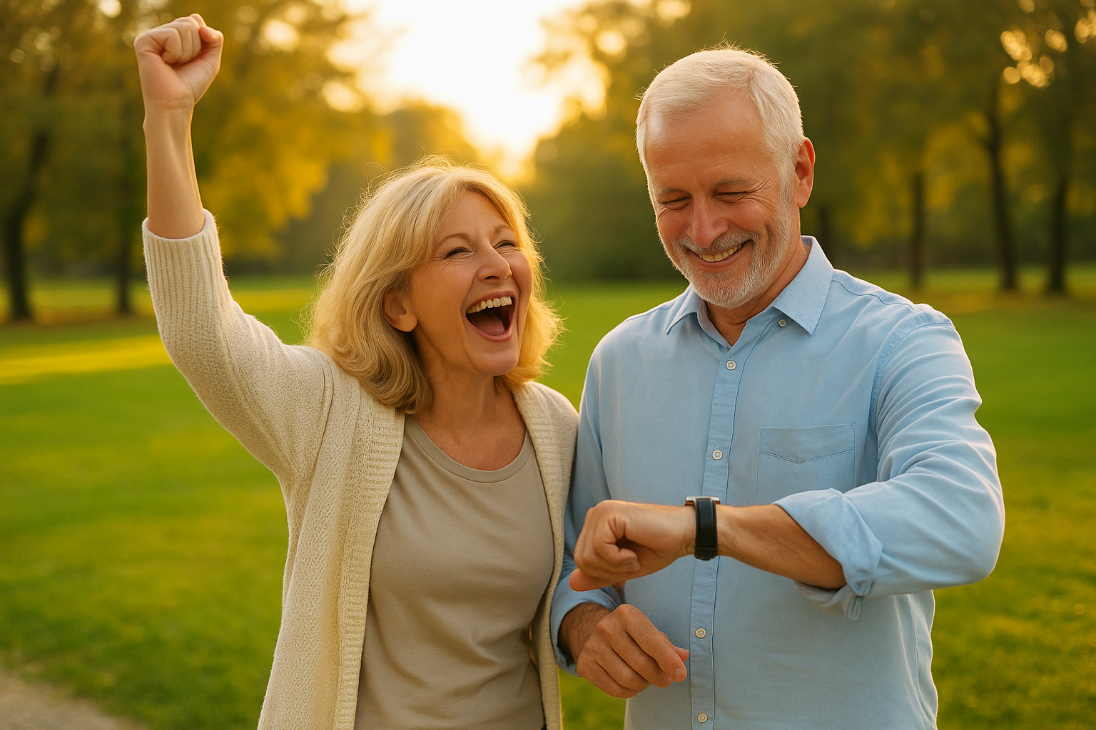 Casal de aposentados comemorando no parque, homem olha o relógio enquanto a mulher ergue o braço em alegria, simbolizando a conquista da aposentadoria antecipada pela reafirmação da DER.