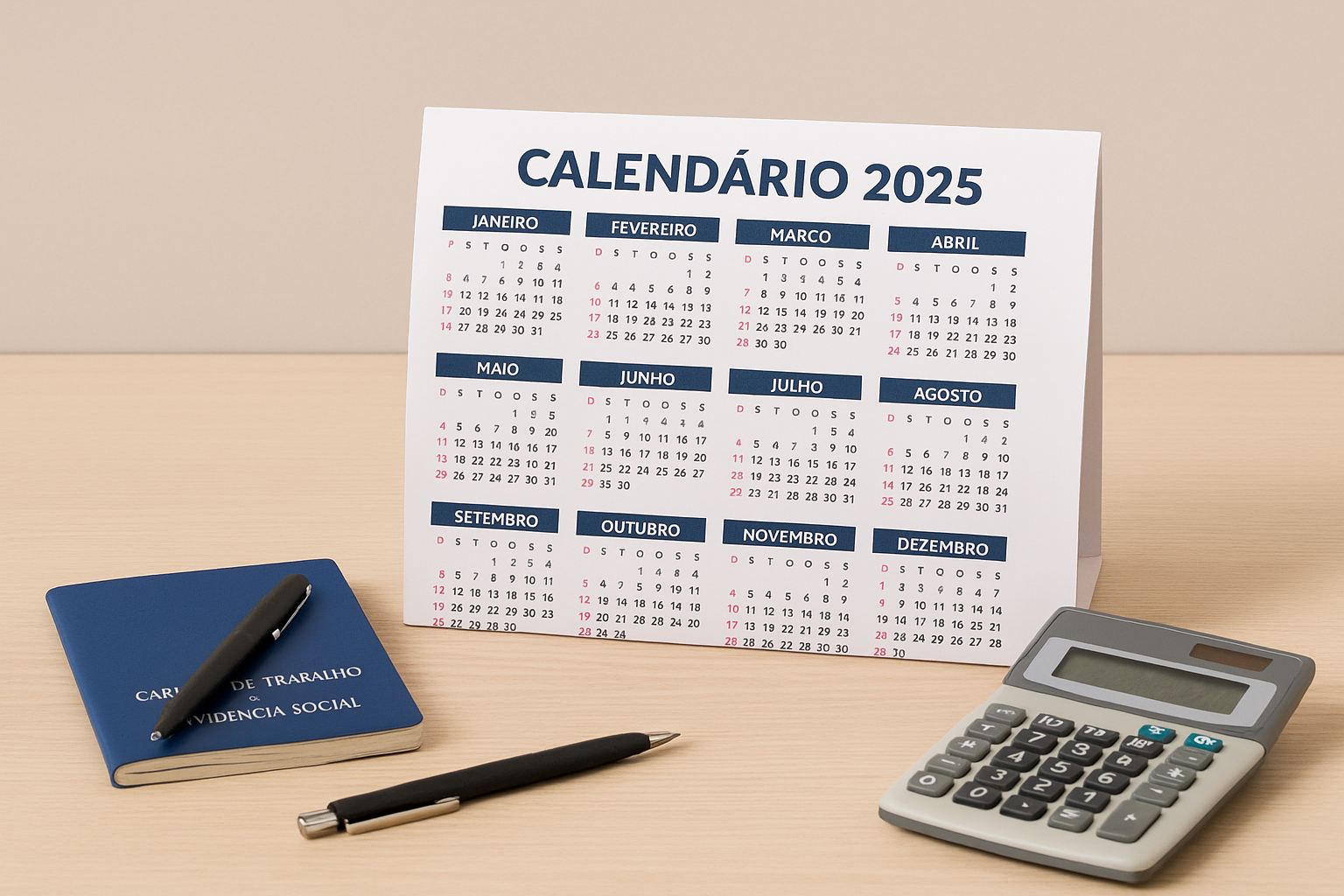 Natureza-morta em estúdio com calendário 2025 de mesa, calculadora, caderno e caneta sobre superfície de madeira clara.