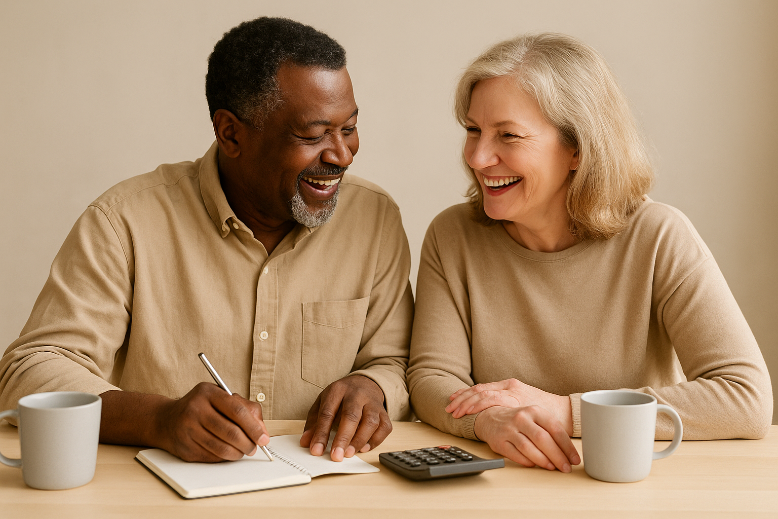 Casal de 62–65 anos, ele negro e ela branca, em estúdio, conversando e fazendo cálculos com caderno e calculadora, clima natural e acolhedor.