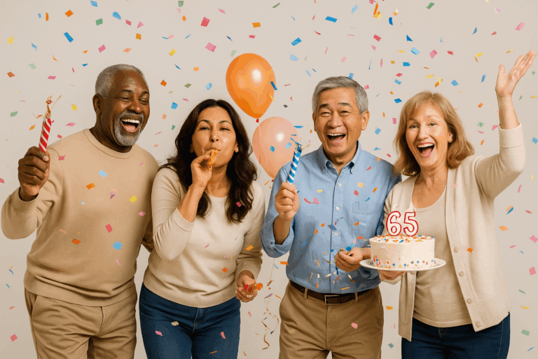 Quatro pessoas entre 62 e 65 anos (negro, morena, asiático e caucasiana) em estúdio, comemorando com confete, balões e bolo com velas “65”.