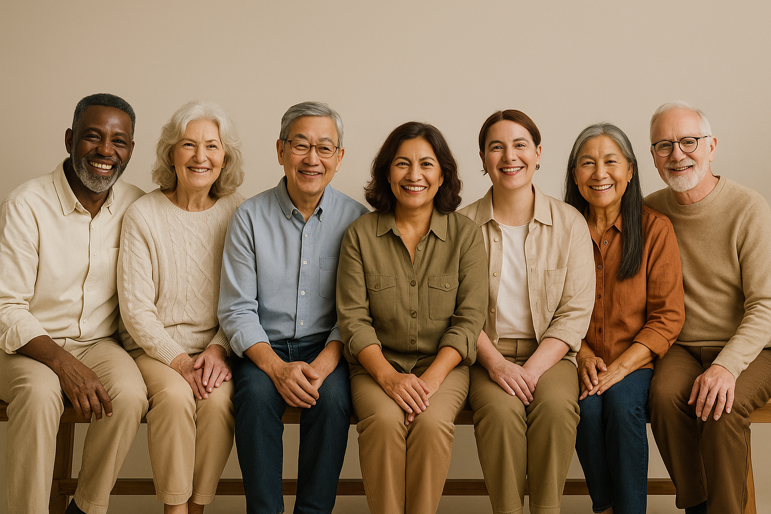 Sete pessoas entre 62 e 65 anos, de diferentes etnias, sentadas em um banco grande em estúdio, sorrindo em clima acolhedor.