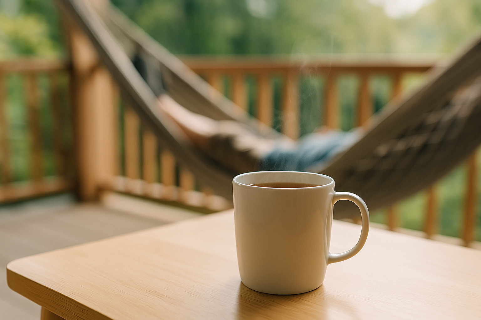 Caneca de chá fumegante sobre mesa de madeira, com pés relaxados em rede ao fundo, transmitindo paz e esperança após a aposentadoria.