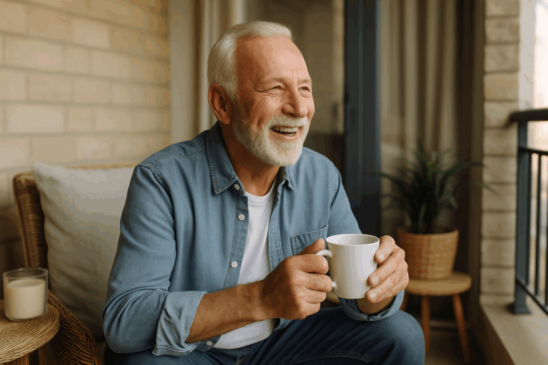 Homem de 65 anos em varanda de apartamento, tomando café e sorrindo, transmitindo tranquilidade e bem-estar.