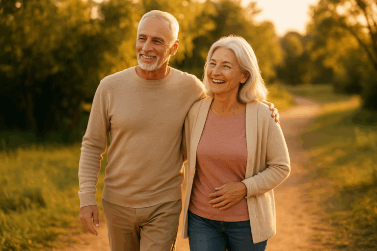 Casal de aposentados caminhando em parque ao pôr do sol, transmitindo tranquilidade e conquista.