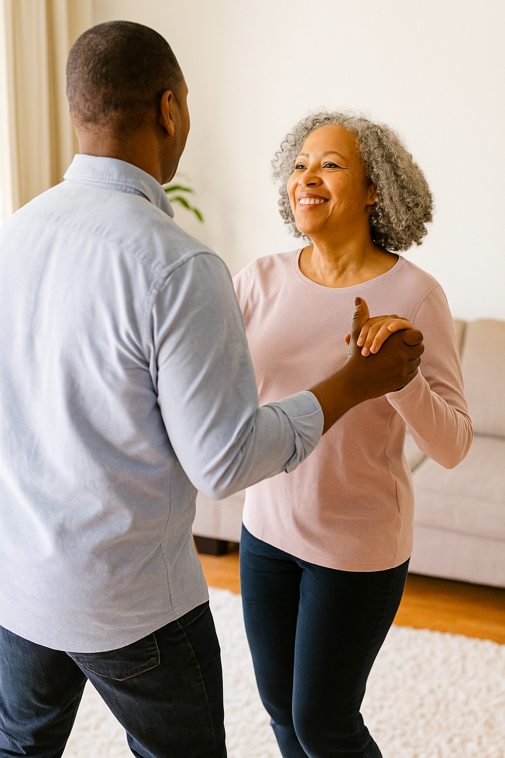 Casal negro de 54 anos dançando feliz na sala de casa, com o homem de costas e a mulher sorrindo, transmitindo alegria e conquista.