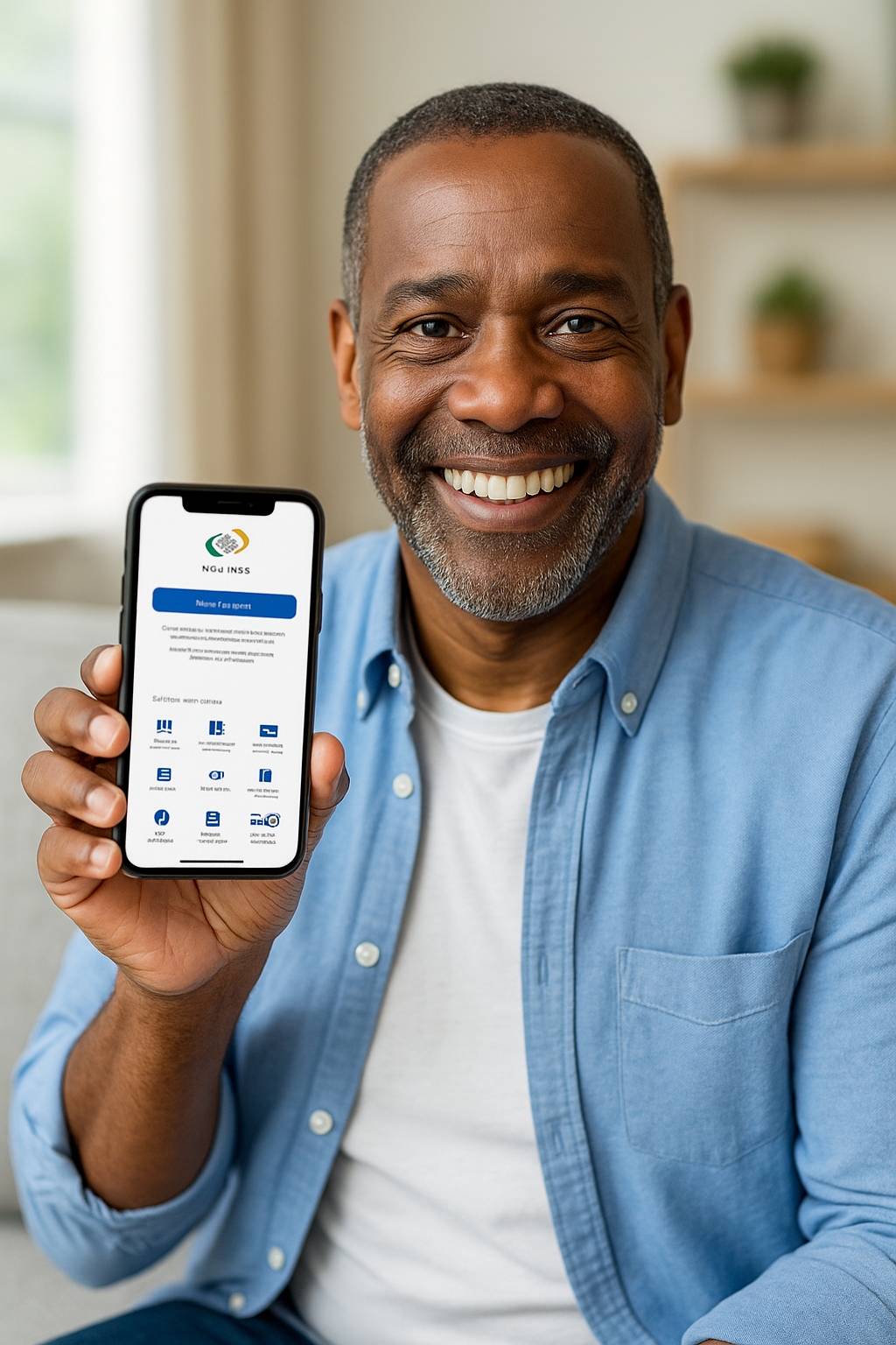 Homem negro de 54 anos, sorridente, mostrando o celular com a tela do aplicativo Meu INSS, transmitindo confiança e tranquilidade.
