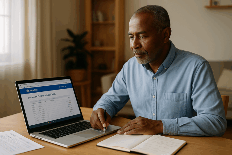 Homem de 45 anos em casa, analisando extrato CNIS no notebook, transmitindo atenção e tranquilidade.