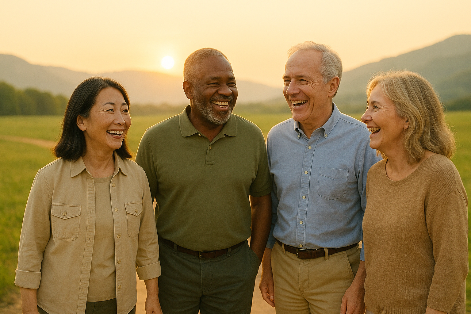 Grupo de amigos com cerca de 56 anos, sorrindo e conversando ao entardecer sobre aposentadoria por tempo de contribuição.