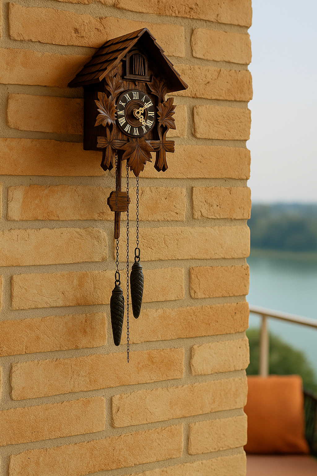 Relógio cuco de madeira pendurado em parede de tijolinhos claros, em varanda iluminada, transmitindo calma e passagem do tempo.