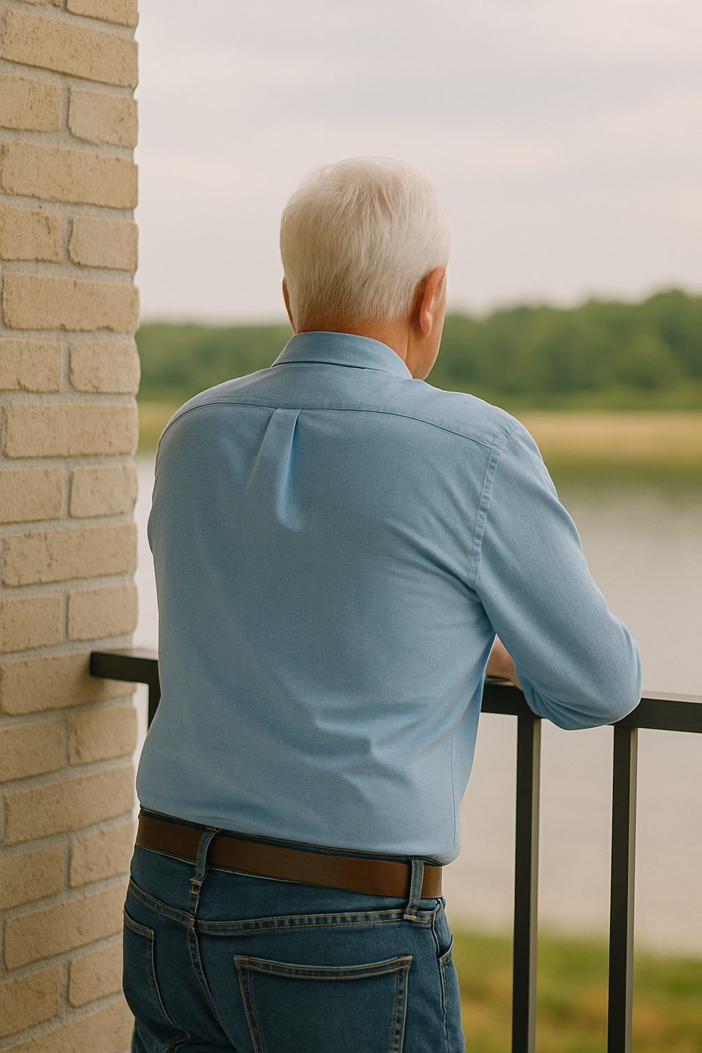 Homem idoso de 65 anos, de costas, com camisa azul clara e calça jeans, apoiado na varanda e olhando pensativo para o rio.